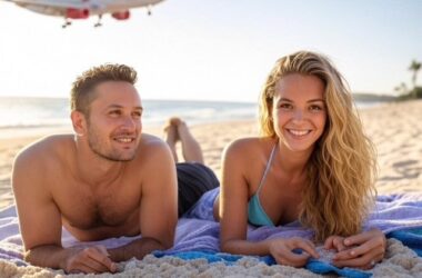 couple on beach with VS plane