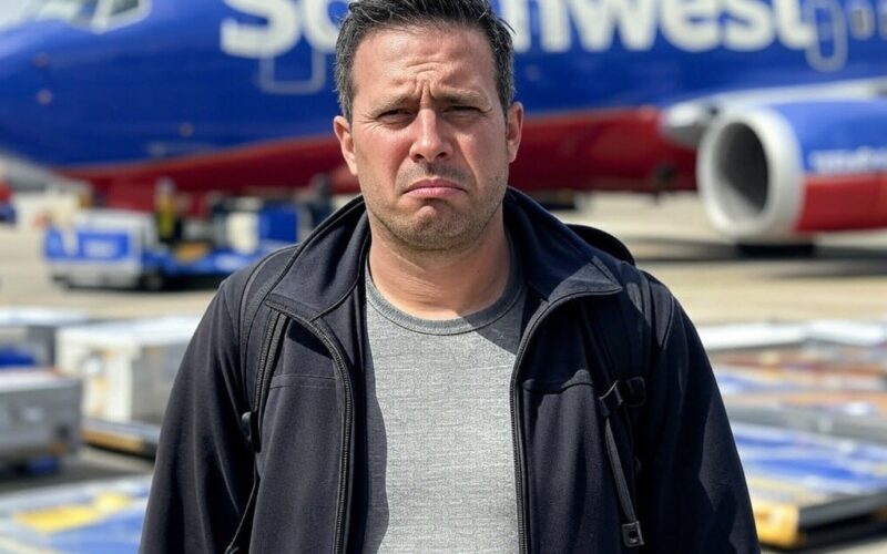 disappointed man in front of a Southwest plane