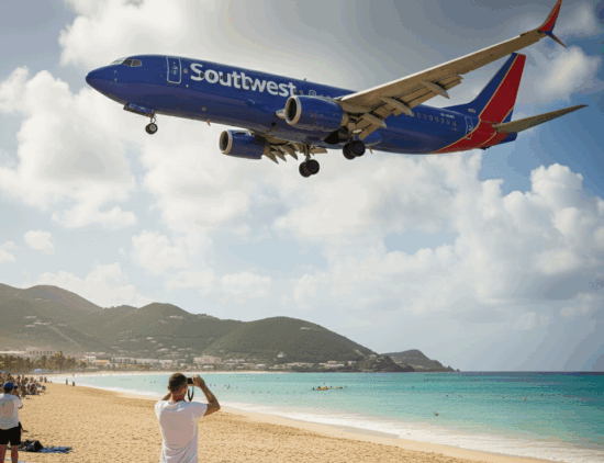 AI generated image of plane landing over beach
