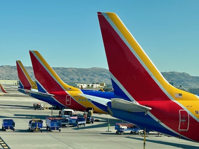 Tails of Southwest planes on the tarmac