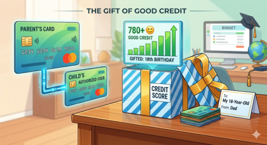 graphic showing a parent's credit score being shared with their child