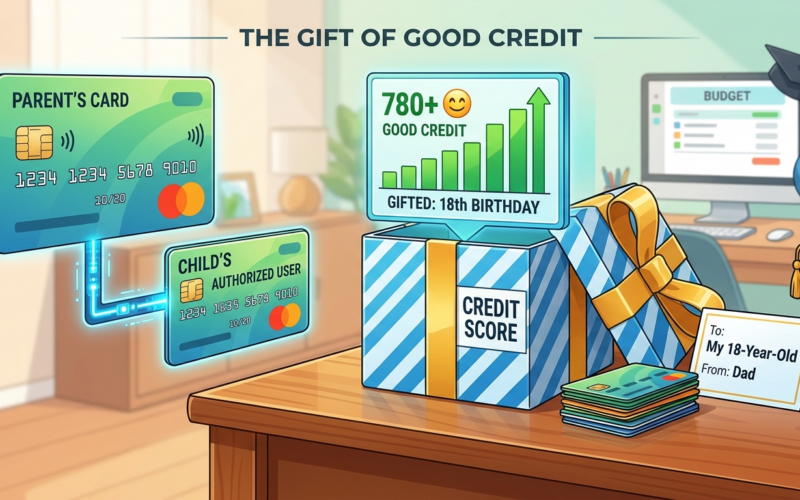 graphic showing a parent's credit score being shared with their child
